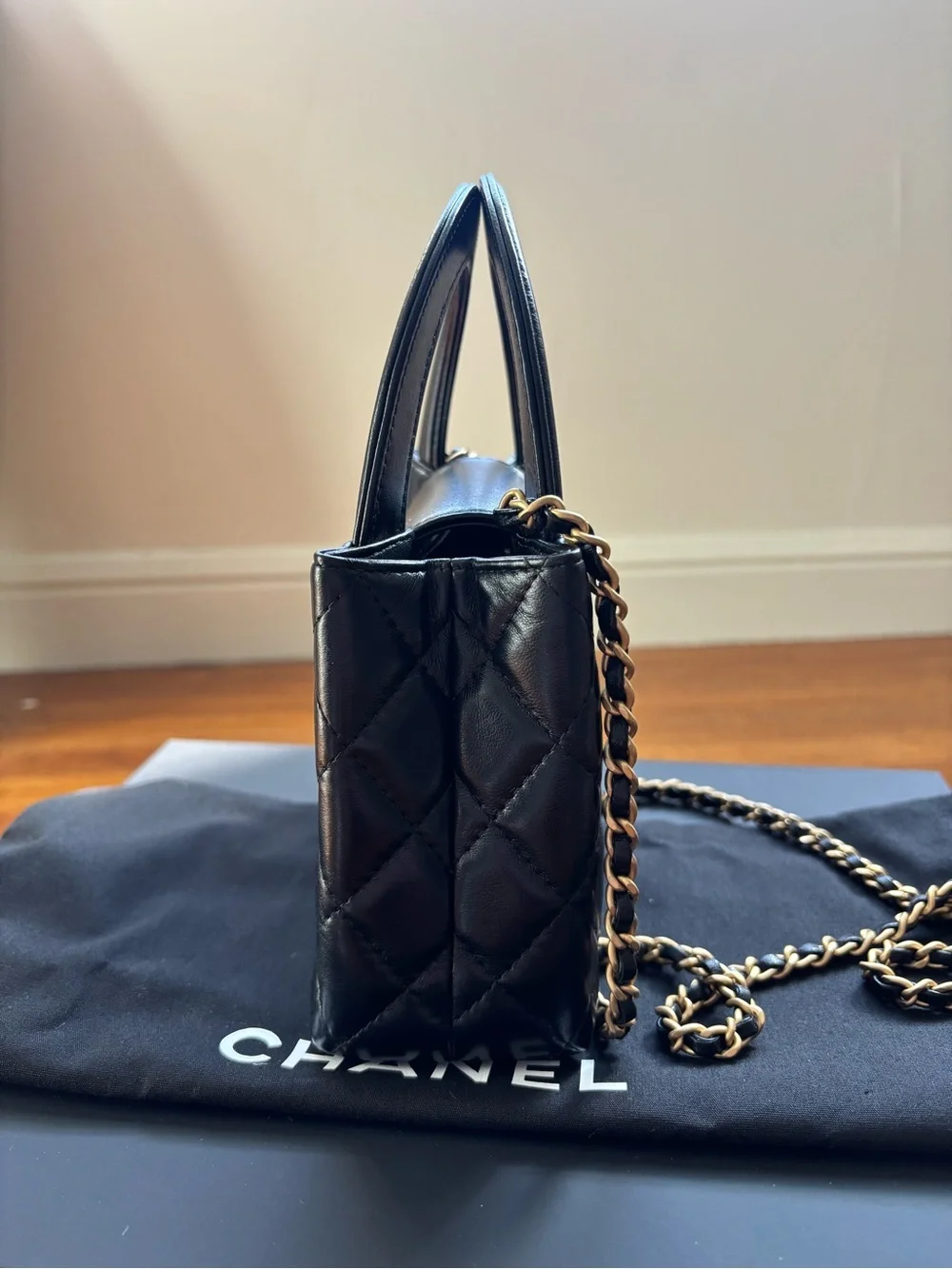 CHANEL Black Quilted Mini Top-Handle Bag with Gold CC